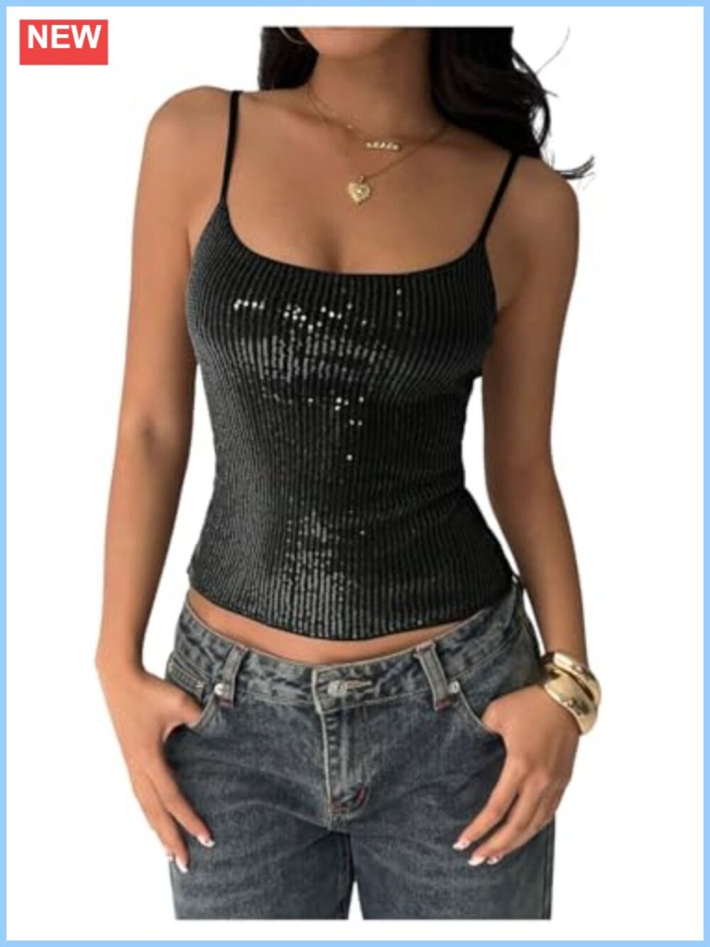 Sequin Crop Cami Top Sparkly Rave Concert Outfit Spaghetti Strap